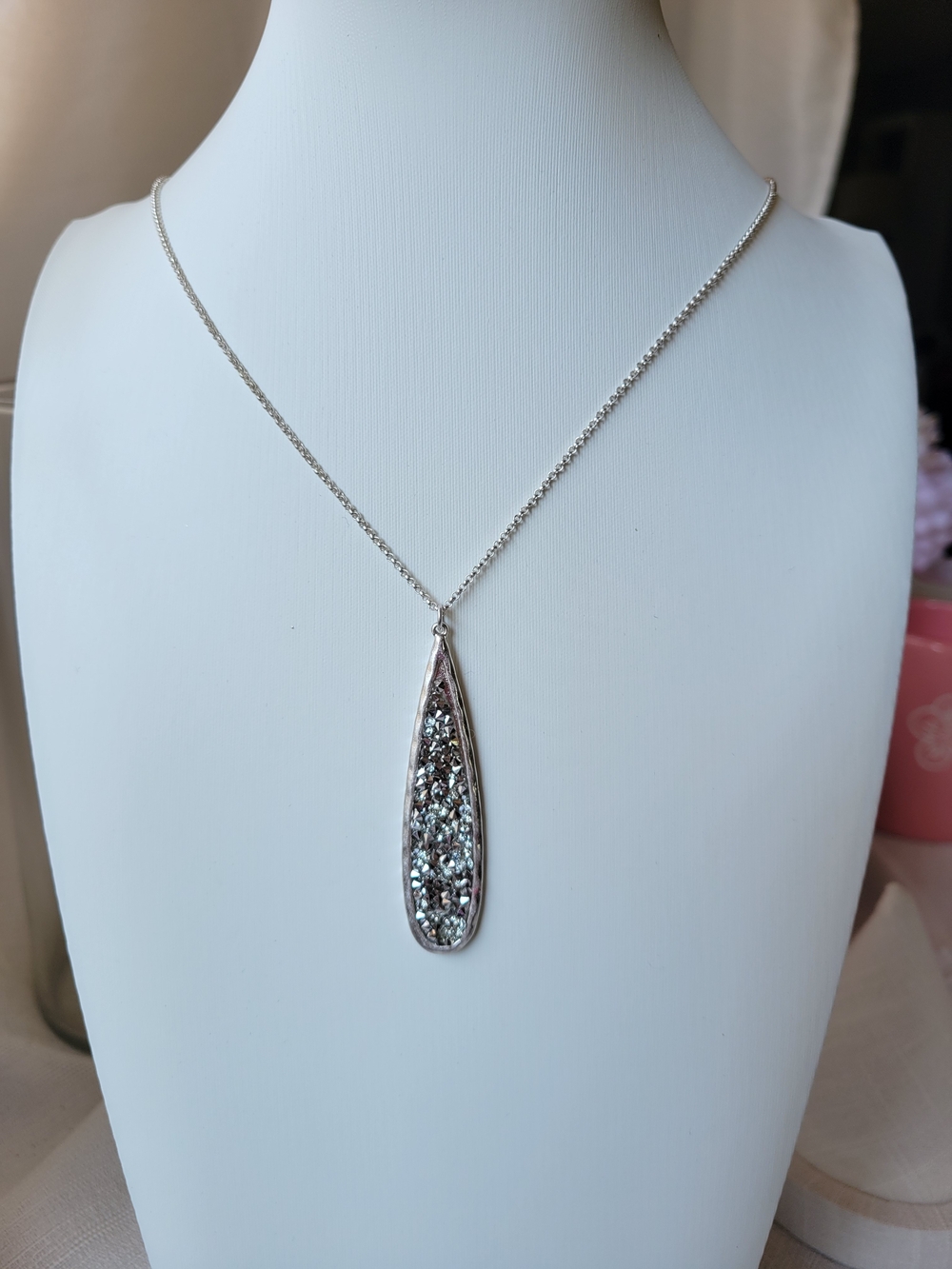 Silver Teardrop Druzy Pendant Necklace